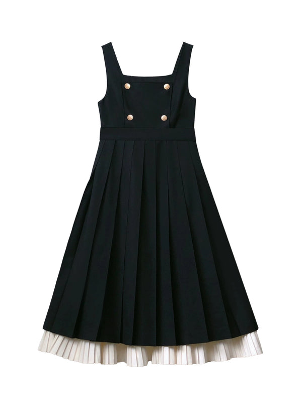 Elegant College Retro Lace Ruffle Shoulder Shirt + Pleated Suspender Layered Dress + Ribbon Accessories