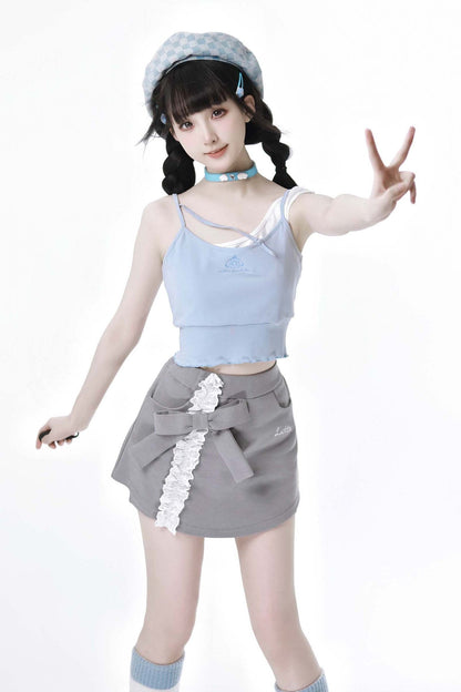 Powder Blue Suspender Cardigan And Skirt Set-Up