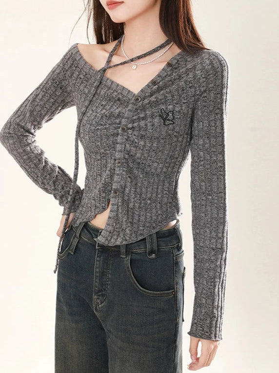 Butterfly Niche Design Slim V Neck Strap Knit