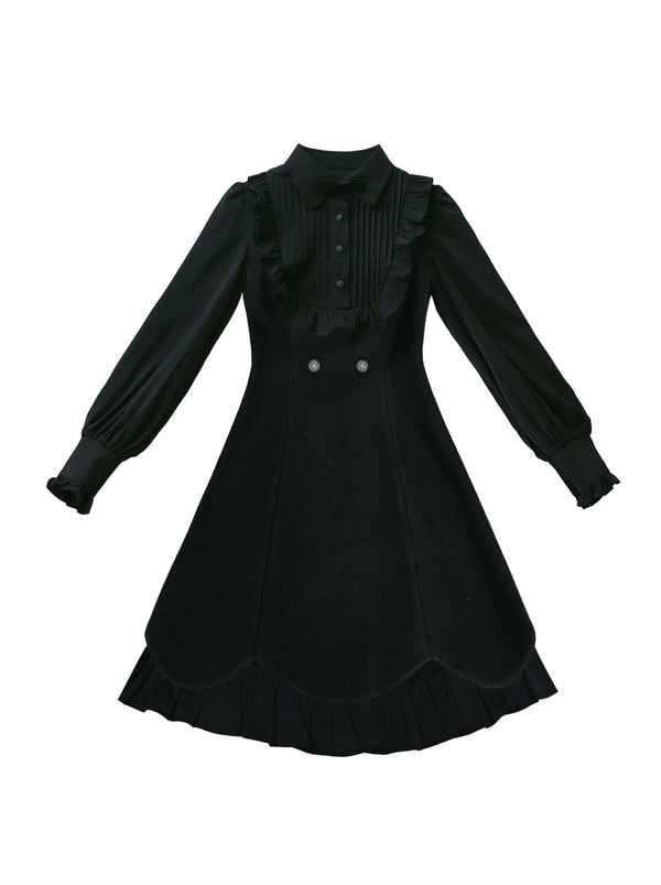 レトロレッドケープコート＋ブラックフリルフェイクツーピースドレス