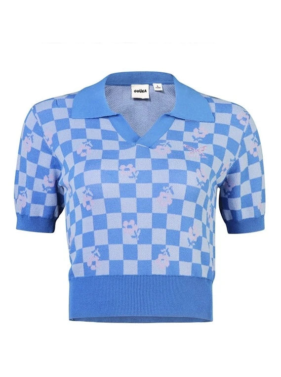 Blue Black Check Polo Short Top