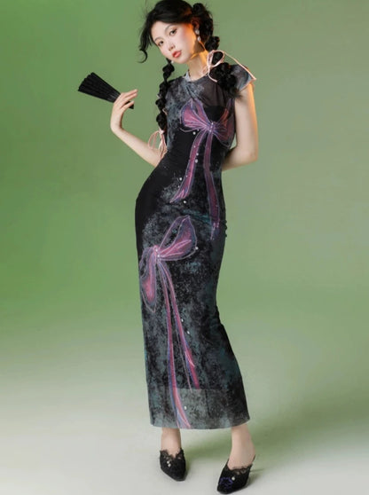 수제 고스트 호스 엘프 오리지널 고탄력 메쉬 여성스러운 리본 보라색과 검은색 슬림한 롱 드레스 4캣츠