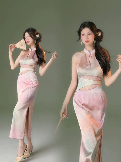 Four catties of homemade illusion original gradient blending high-waistted hollow high-waistted hollow high spring and summer new Chinese sleeveless longue jupe cheongsam