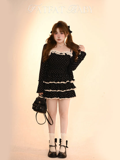 [Reservation product] Sweet dot camisole + cardigan + frilled skirt