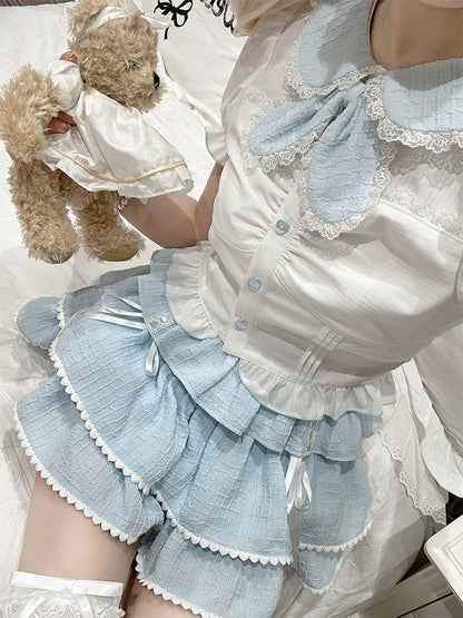 夏季新品] Ochaya 海盐泡泡牛奶甜美可爱公主风蓝白色蛋糕裙套装
