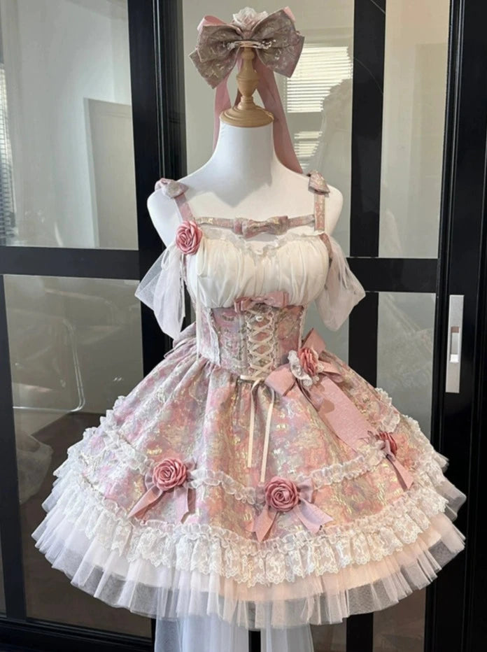 Robe de lolita rose jacquard pour le printemps Robe de princesse pour l'anniversaire de la petite fille avec queue bouffante