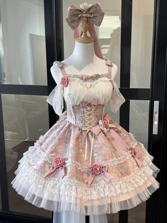 Pink jacquard spring girly lolita dress sweet girl puffy tail birthday princess dress