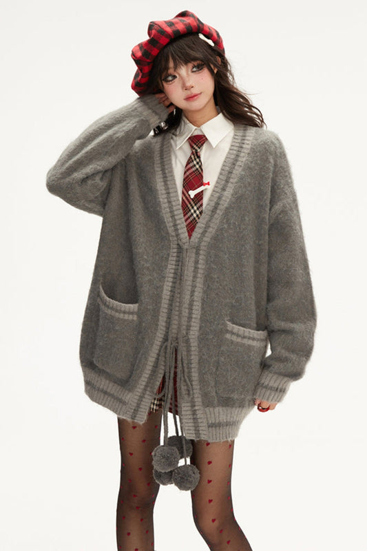 Gray Stitch V neck mohair cardigan