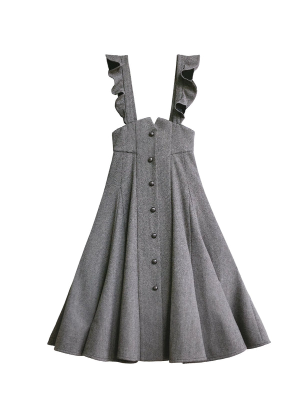 エレガントレトロブラックリボンボリュームスリーブシャツ＋フリルショルダーサスペンダースカート