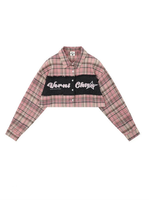 American Retro Check Splicing Short Shirt