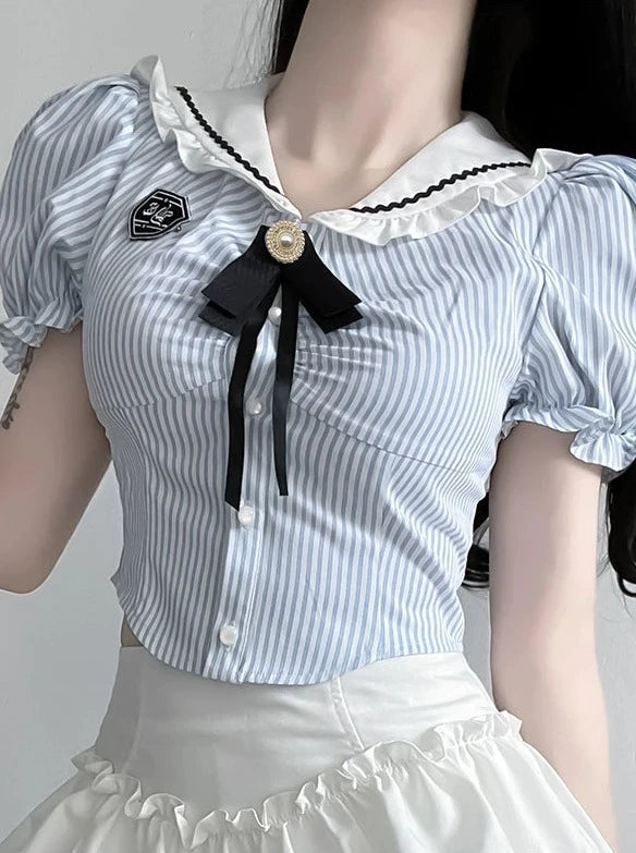 Sweet Girl Slim Puff Sleeve Top + Flared Ruffle Skirt + Ribbon