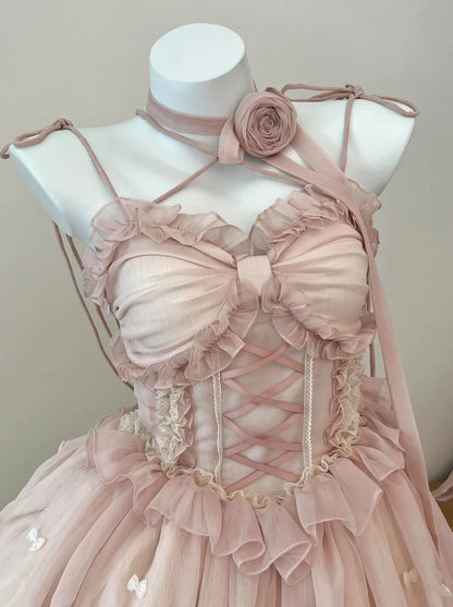 Rose douce robe de ballet lolita robe jsk robe de fleurs mariage Lolita on the run robe de princesse pelucheuse