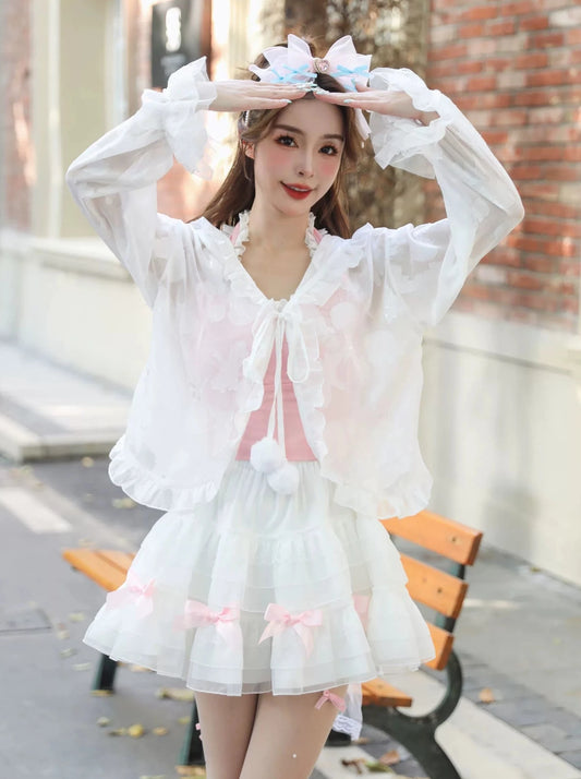 Sweet princess bow tie fur ball bell sleeve lace lace loose hooded cardigan sun protection jacket