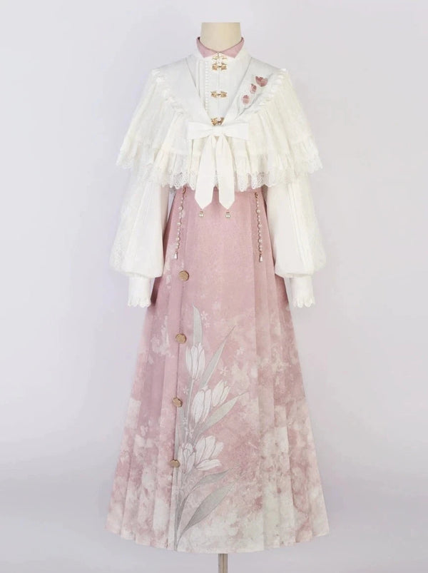 Sweet china blouse + sweet floral pleated skirt + lace ribbon shawl