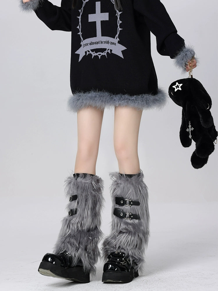 Leather Belt Volume Fur Leg Warmers