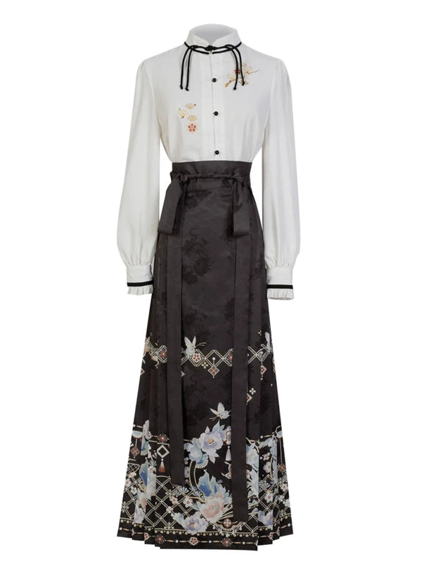 China Blouse + Elegant Dark Long Skirt