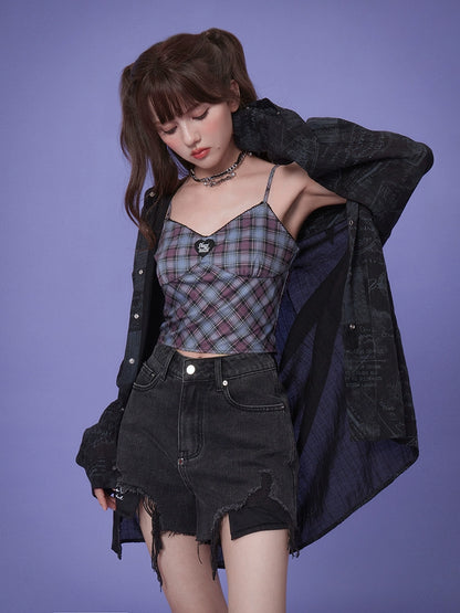 SagiDolls Girl's Fighting Spirit White, Blue and Purple Checkered Love Suspenders are cute, pure and sweet, sweet and spicy in summer