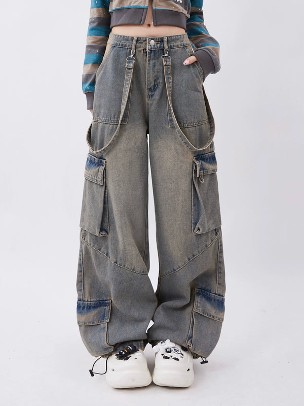 Loose wide-osh cargo denim pants