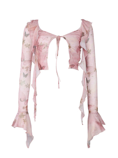 Moulin Broken Butterfly Pink Cardigan + Beige Suspender Top + Coffee Shorts