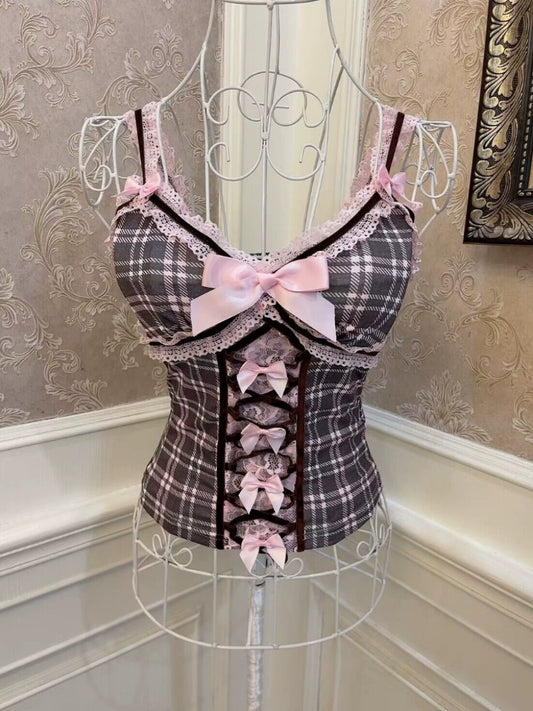 Barbie style girly heart JK plaid bow cross lace slim American sweet and spicy camisole vest
