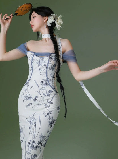 Light Knit Printed Cheongsam Dress