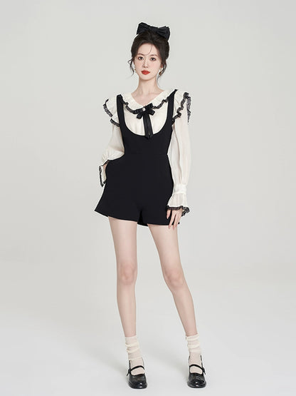 Ruffle collar blouse + suspender shorts