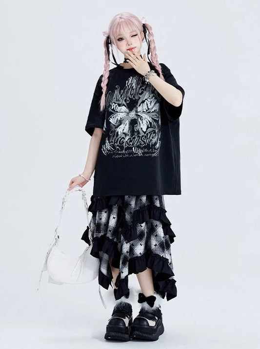 11SH97 Irregular Skirt Women's Summer New Black and White Plaid Stitching Loose Flesh-Covering Casual Midi Skirt