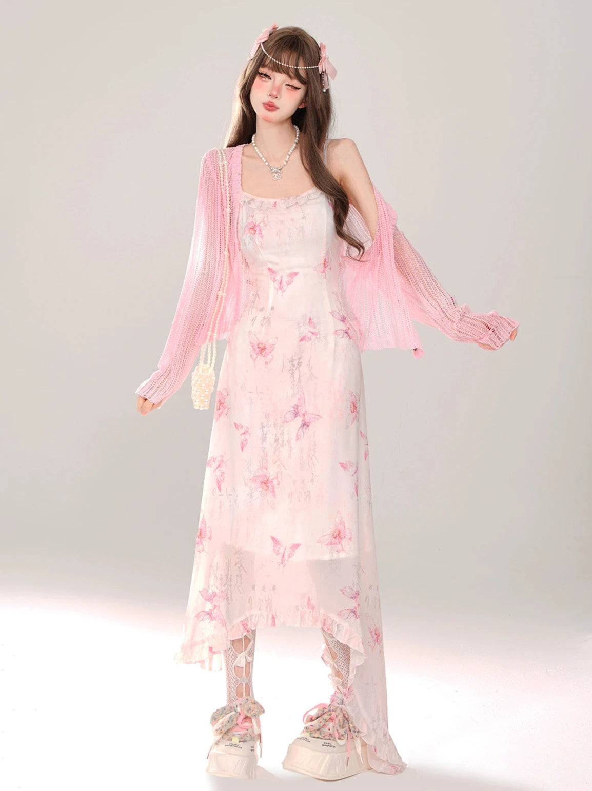 Sheer Pink Knit Cardigan + Dream Fan Butterfly Suspended Dress