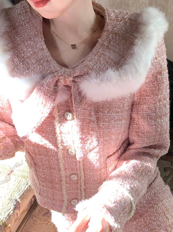 Pink Ritter Fragrance Far Color + Short Jacket + Skirt Tweed Suit