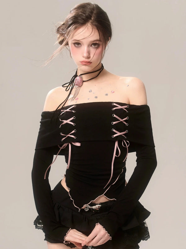 オフショルダーフリルハイエンドストラップリボントップス