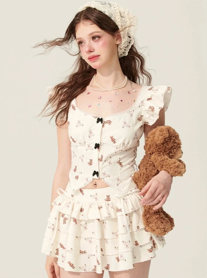 [31 mai 20 heures en vente] less eyes bear holiday small flying sleeve suit women's summer two-piece set