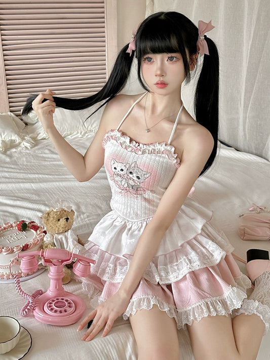 Spring New] Ochaya Cat Cat Love Song Cute Pink Milk Sweet Pure Desire Spice Girl Cake Skirt Set