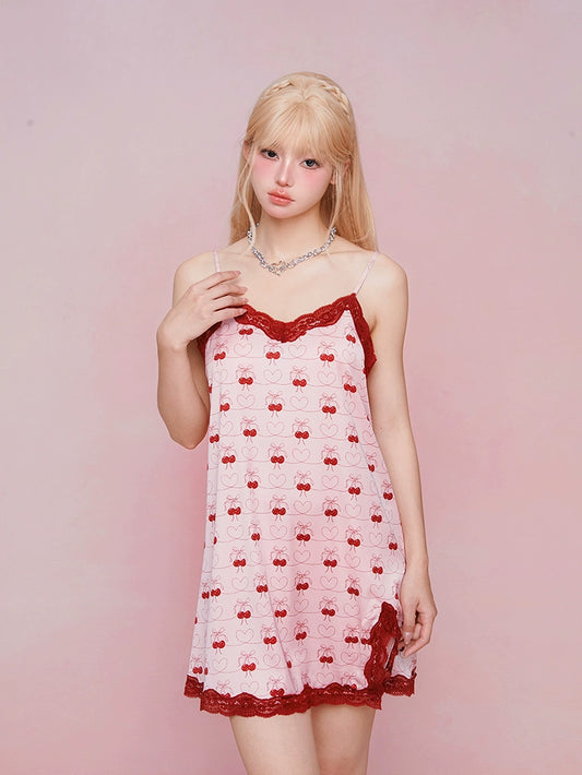GirlyFancyClub 체리파이의 여름 여성스러운 프린트 새틴 원피스 레이스 슬립 나이트 드레스
