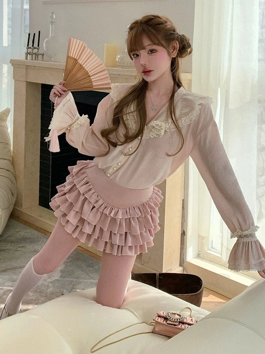 CHIC ME Sakura Ice Cake Girly Satin Culottes 2-in-1 Four-Layer Lace High Waist Three-Dimensional Cake Dress