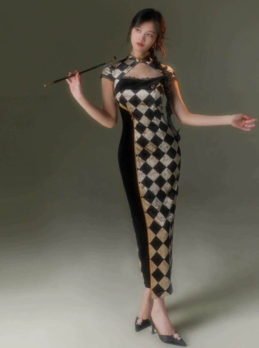 Retro Plaid Velvet Cheongsam Dress