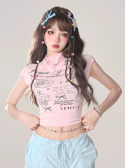 kellykitty Pure White Full Love Pink Short Sleeve T-Shirt Women's Summer Slim Slim Crop Top Crop Top