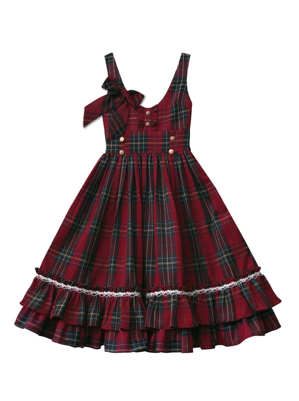 Little Red Riding Hood Cape Ribbon Coat + Pleated Collar Shirt + Check Tiered Dress + Head Scarf