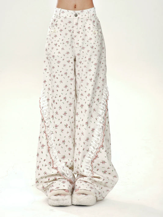 kellykitty cherry blossom brewing sweet white wide-leg pants women's summer loose and skinny versatile slacks trousers