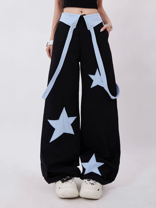 Wide Blue Star Design Pants