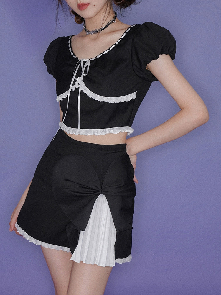 SagiDolls Girl's Fighting Spirit Black and White Lolita Design Sense Top Skirt Set Sweet and Cute Versatile Summer