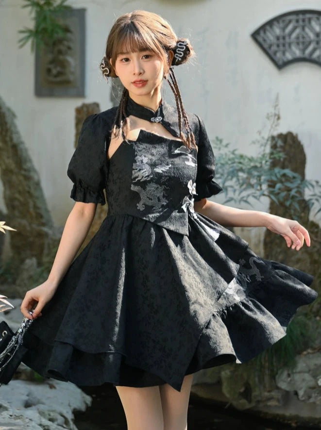 Dragon Mode Chic Chinese Dress + Puff Sleeve Short Cardigan