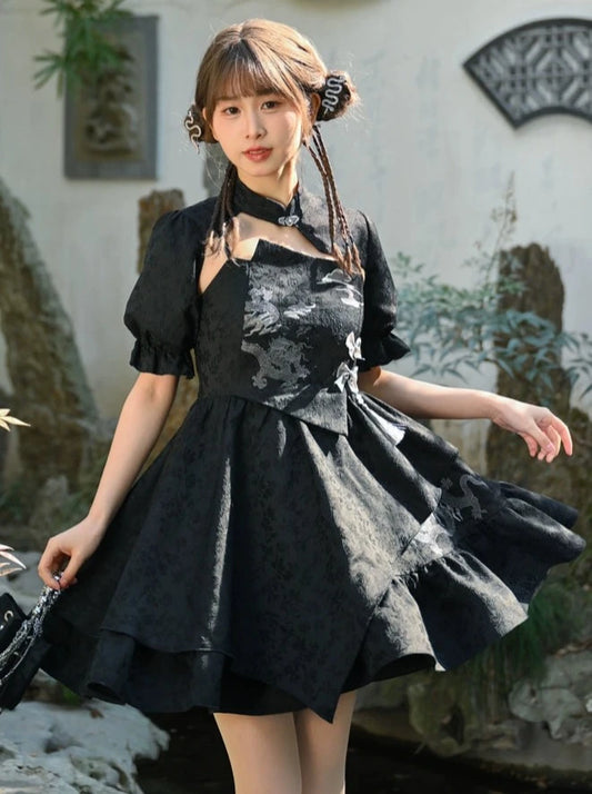 The original new Chinese style two-piece set of the forest girl tribe shows the thin little man dress, the national tide black suit, the summer model