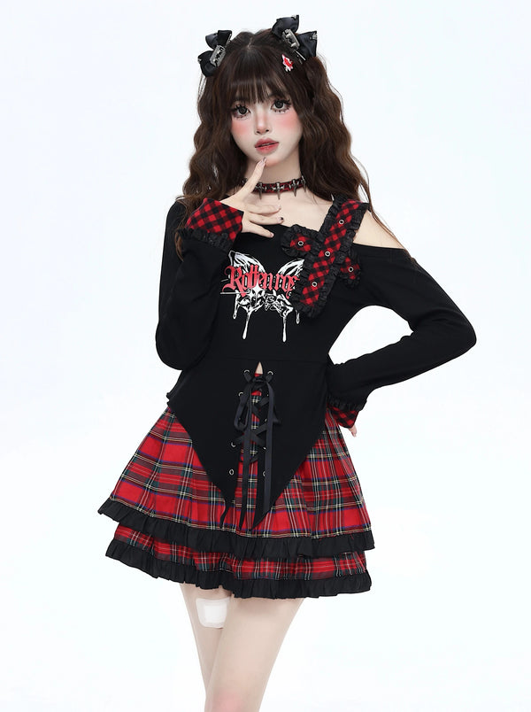 バタフライレースアップダークトップス