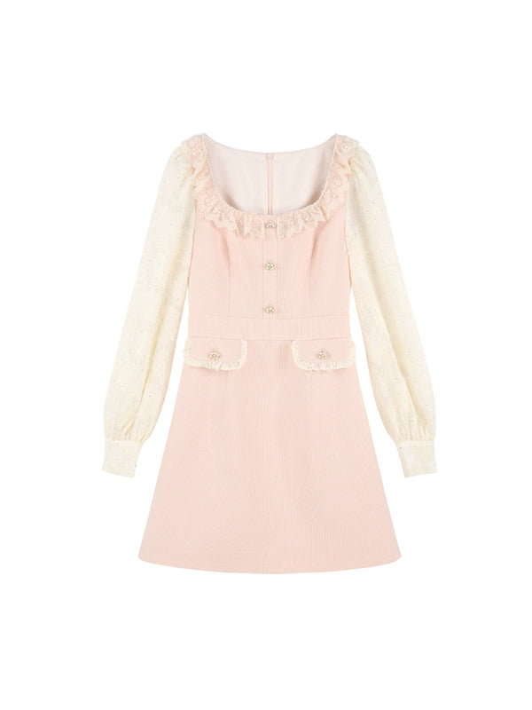 フェイクツーピースピンクスクエアネックドレス