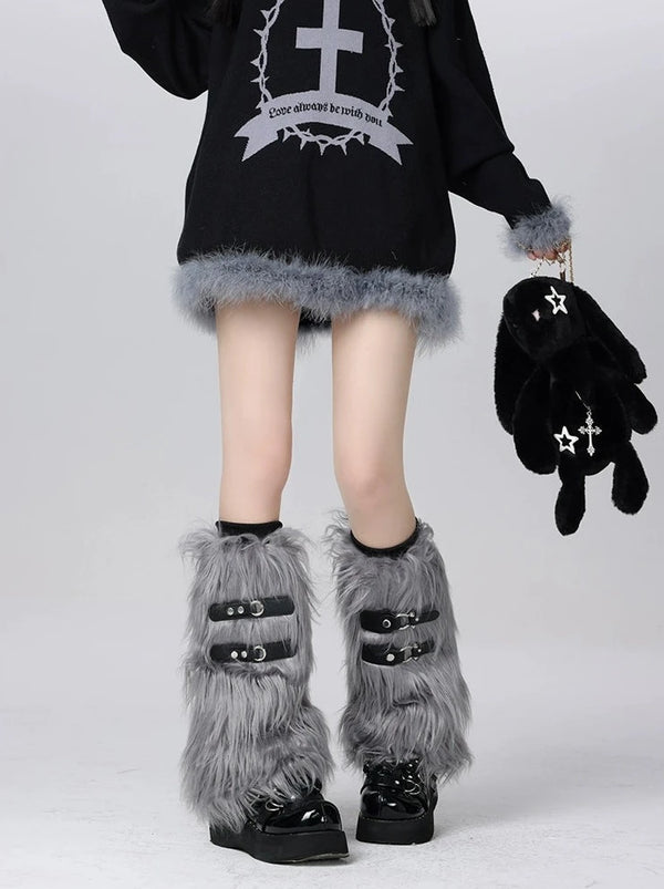 Dark Leather Buckle Subculture Fur Leg Warmers