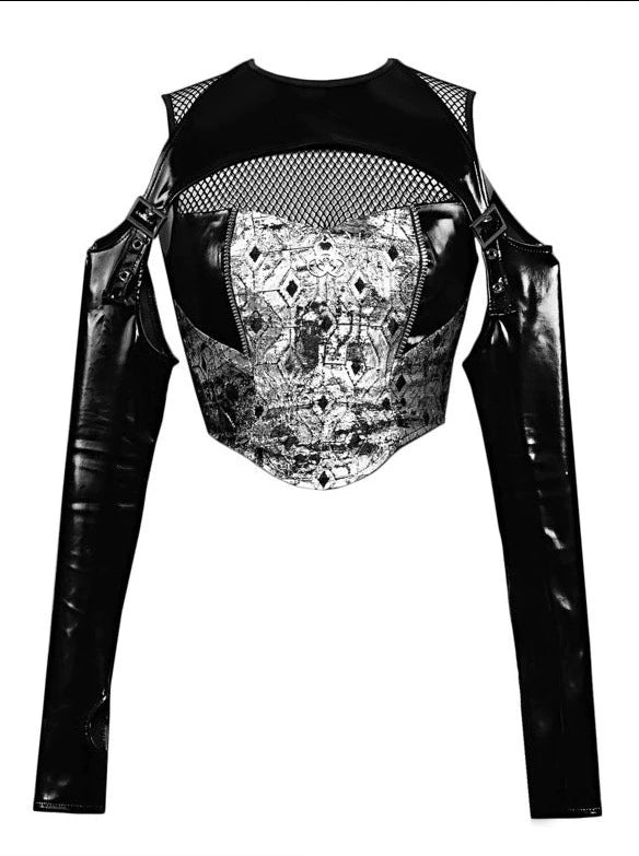 Punk Liquid PU Slim Mesh Dark Top Two Piece Suit