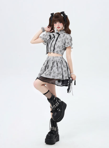 [95% de réduction] new Chinese style butterfly tea break A-line puffy skirt bud sleeve top two-piece set women's summer