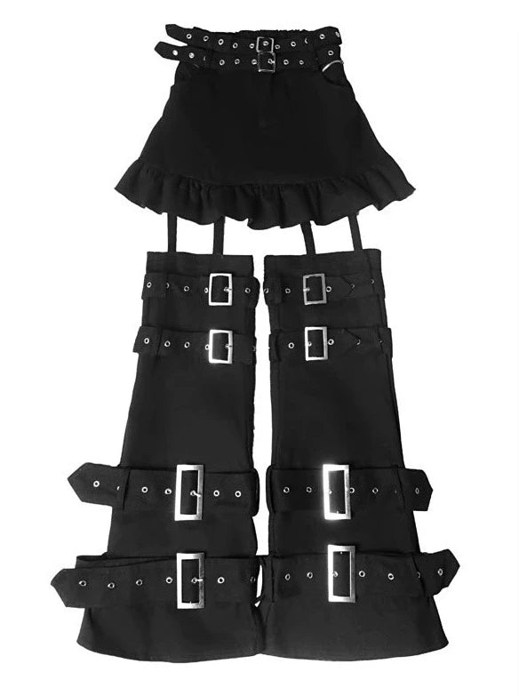 Dark Punk Splicing Breasted Detachable Faux Two Piece Culottes