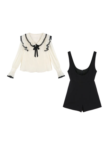 Ruffle collar blouse + suspender shorts