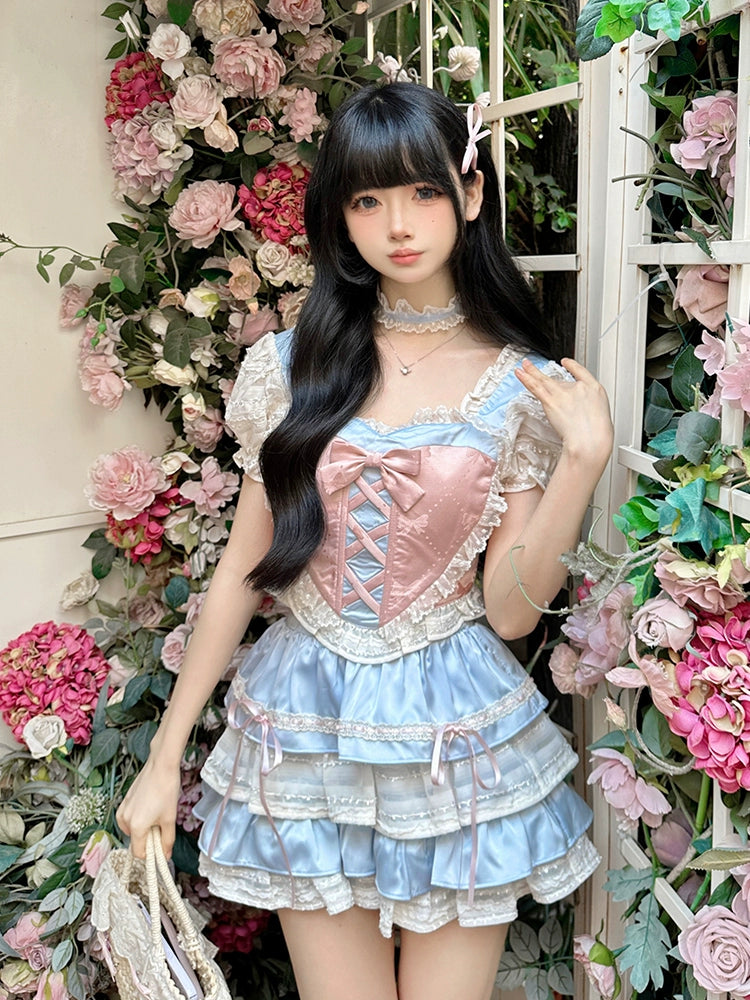 Summer Iceberry Sweet Pure Desire Princess Tops + Pink Blue Lace Ribbon Cake